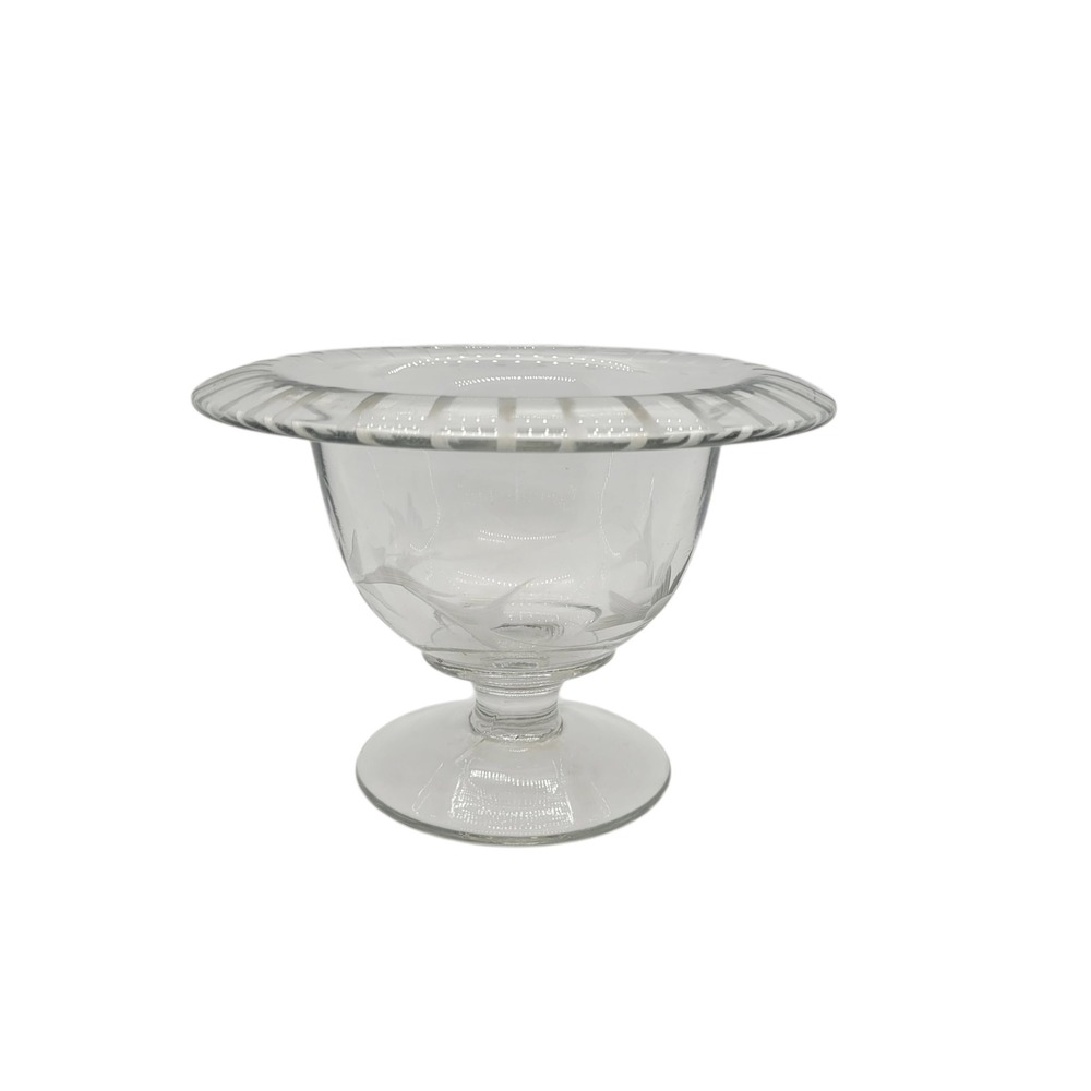 Vintage Etched Glass Footed Bowl Floral Butterfly Frosted Striped Rim Compote